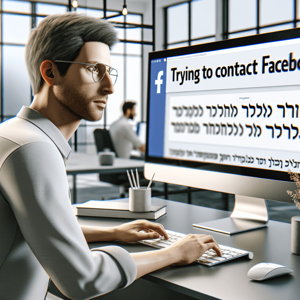 אדם יושב מול מחשב, מנסה ליצור קשר עם פייסבוק.